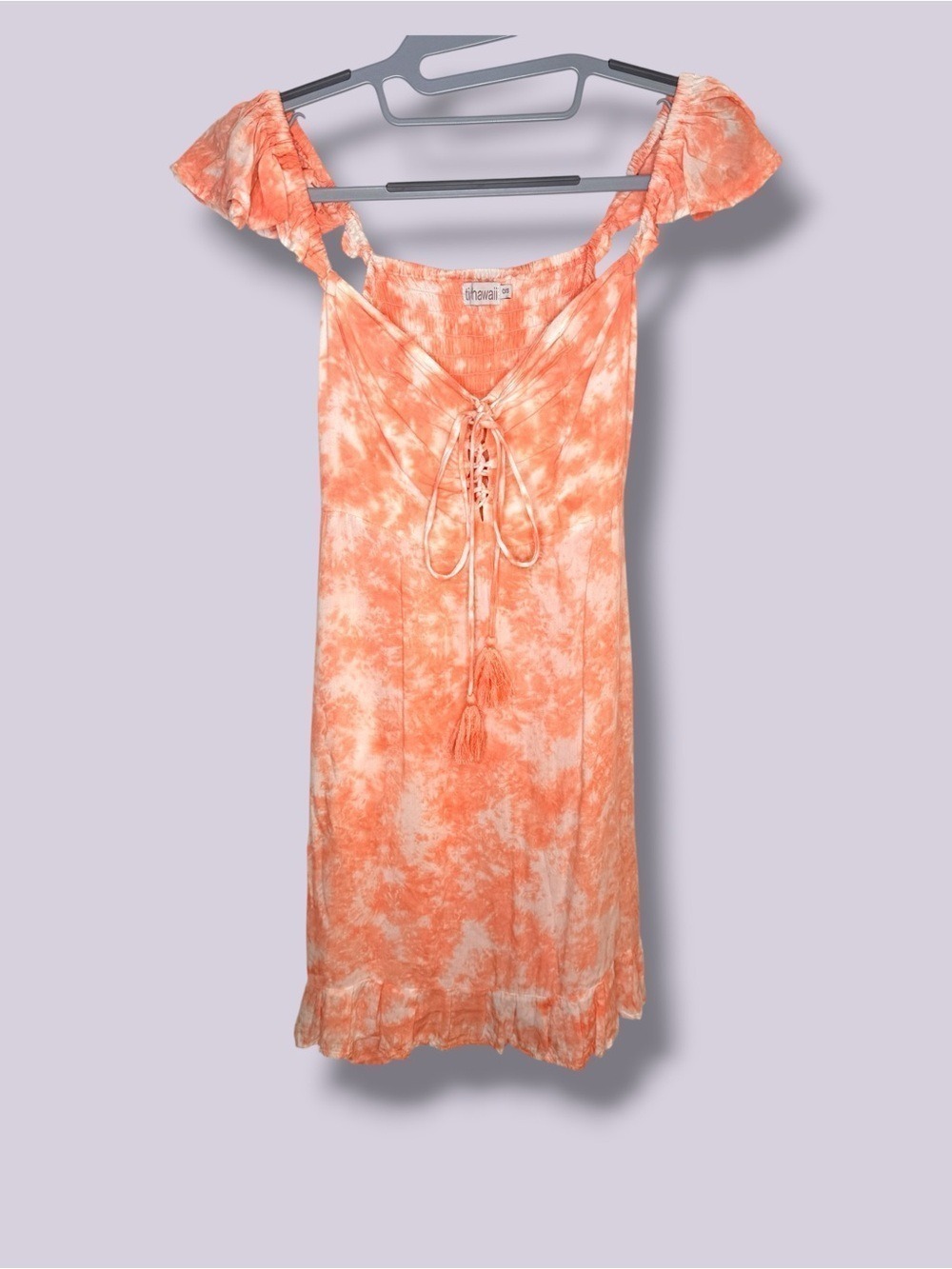 Tiare Hawaii Orange White Tie Dye Lace Up Ruffle Mini Dress One Size